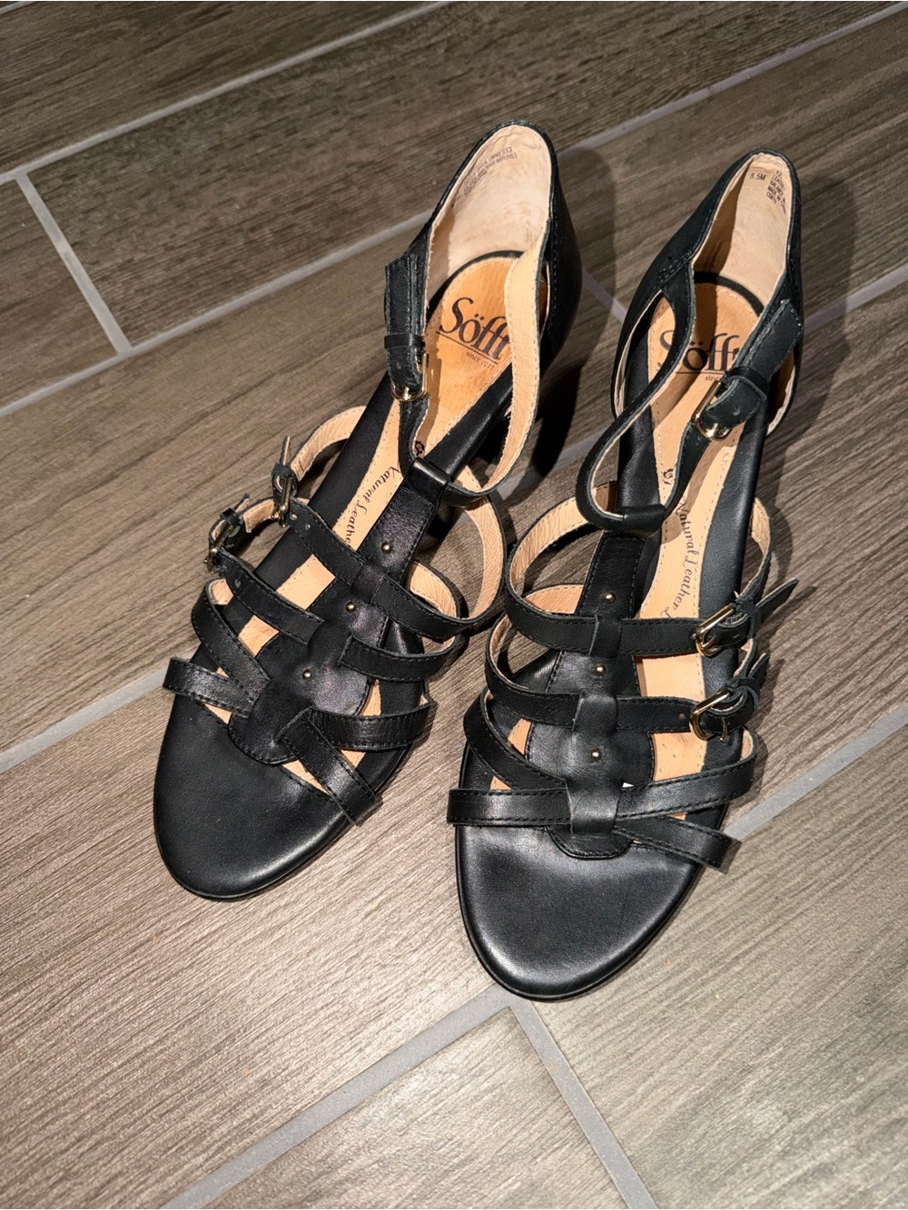 Sofft Black Strappy Leather Heeled Sandals
